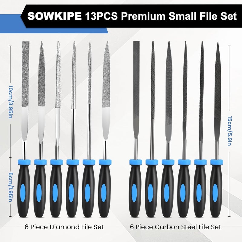 SOWKIPE 13Pcs Premium Small File Set, 6 Diamond Files, 6 Steel Files, Cleaning Brush & Carrying Case for Wood, Plastic, Jewelry, Leather, DIY - Image 3